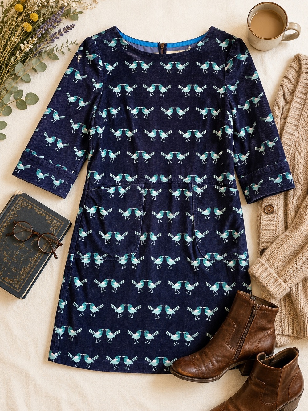 Boden Navy Blue Long Sleeve Dress with Teal Bird Print